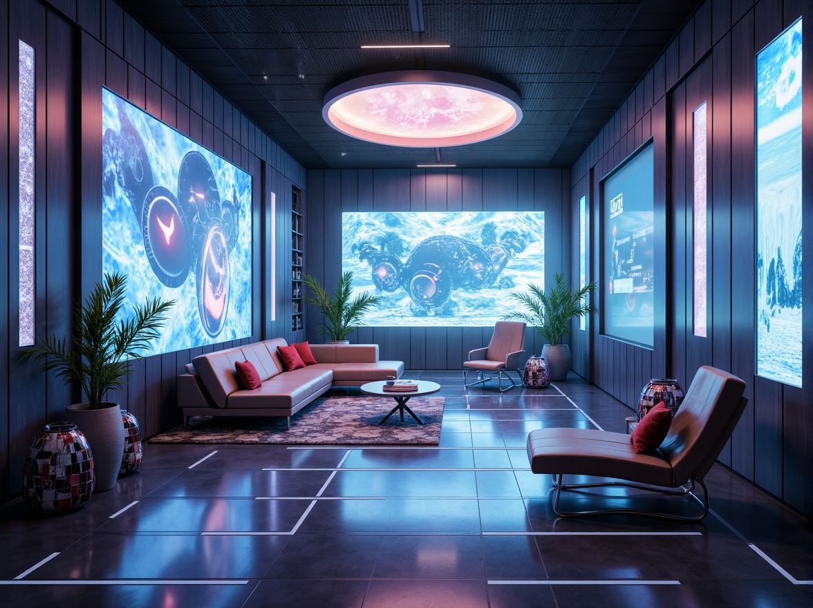 Prompt: Futuristic interior space, sleek metallic walls, neon-lit ceilings, holographic projections, levitating furniture, minimalist decor, geometric patterns, ambient LED lighting, virtual reality interfaces, transparent glass floors, cyberpunk-inspired color schemes, iridescent materials, futuristic sculptures, atmospheric fog effects, 1/1 composition, low-key lighting, shallow depth of field.