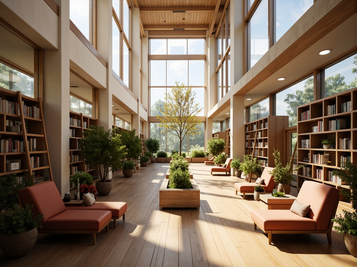 Prompt: Cozy library interior, abundant natural light, floor-to-ceiling windows, transparent glass walls, minimal window mullions, clerestory windows, skylights, reflective surfaces, polished wood floors, warm beige tones, comfortable reading nooks, plush armchairs, wooden bookshelves, ladder bookcases, subtle warm lighting, soft shadows, 1/1 composition, shallow depth of field, realistic textures, ambient occlusion.