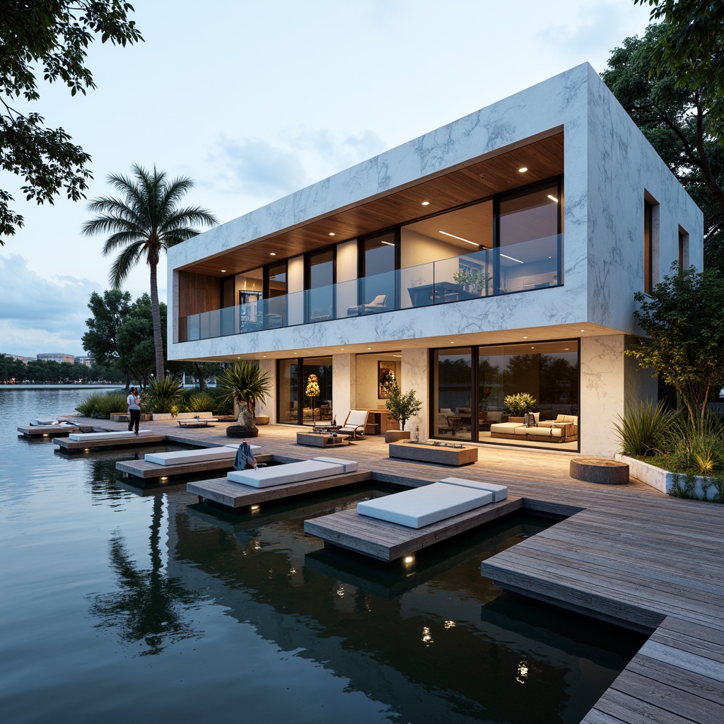 Prompt: Luxurious boathouse, waterfront location, serene lake views, rustic wooden docks, elegant marble cladding, white stone fa\u00e7ade, sleek glass windows, modern minimalist design, nautical-themed decorations, polished chrome accents, ambient warm lighting, shallow depth of field, 1/1 composition, realistic reflections, natural textures.