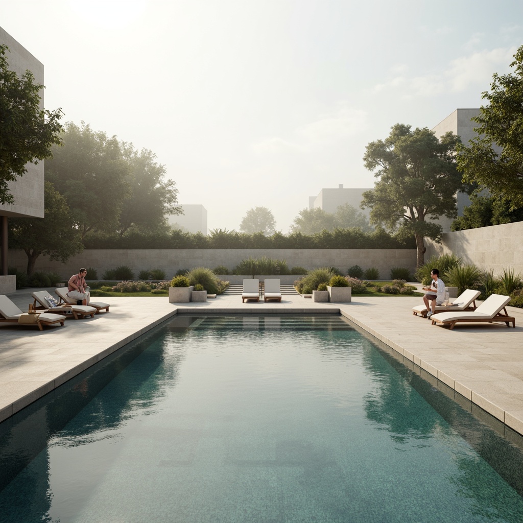 Prompt: Sleek minimalist pool, crystal-clear water, subtle wave patterns, infinity edge design, limestone coping, polished concrete deck, sparse greenery, modern outdoor furniture, geometric-shaped planters, natural stone accents, soft ambient lighting, warm beige tones, shallow depth of field, 1/1 composition, panoramic view, realistic water reflections, misty morning atmosphere.