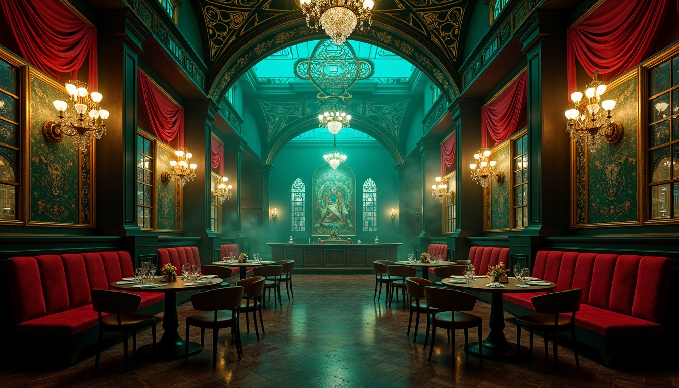 Prompt: Dark, mystical nightclub, Byzantine-inspired architecture, rich jewel-toned color palette, emerald green walls, sapphire blue ceilings, ruby red accents, gold leaf details, ornate mosaics, intricate patterns, luxurious velvet fabrics, crystal chandeliers, dim warm lighting, atmospheric fog effects, dramatic spotlights, 3/4 composition, cinematic camera angles, high-contrast rendering, detailed textures, ambient occlusion.