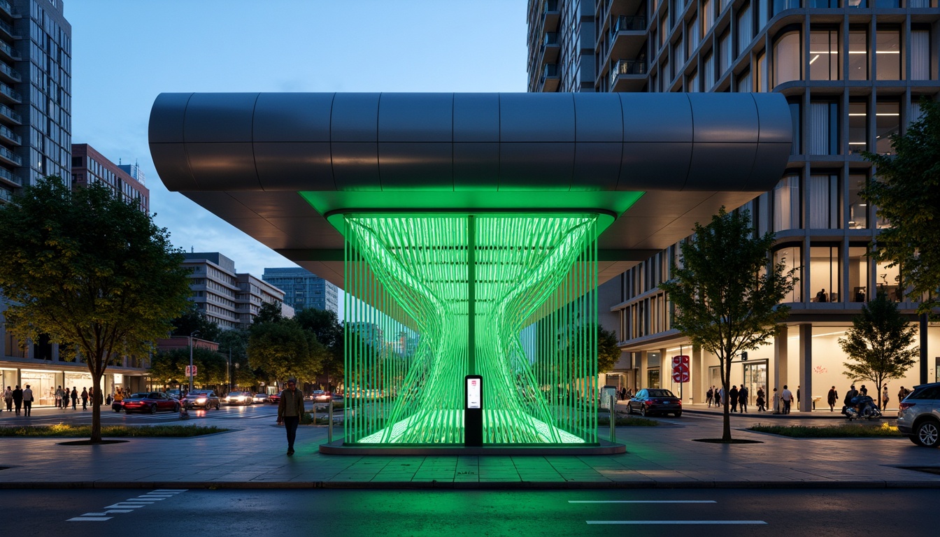 Prompt: Modern charging station, sleek metal facade, LED light strips, dynamic patterns, futuristic curves, minimalist design, urban cityscape, busy street scene, neon lights, evening atmosphere, shallow depth of field, 1/2 composition, wide-angle lens, vibrant green accents, solar panels, energy-efficient systems, interactive digital displays, user-friendly interfaces, stainless steel canopies, concrete foundation, asphalt pavement, urban furniture, pedestrian walkways.