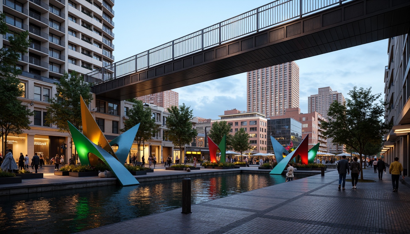 Prompt: Fragmented pedestrian bridge, irregular shapes, bold color accents, abstract sculptures, dynamic lighting effects, reflective stainless steel surfaces, cantilevered structures, asymmetrical arches, fragmented mirrored glass, playful water features, urban cityscape backdrop, bustling street life, dramatic shading, high contrast, 1/1 composition, atmospheric perspective, cinematic rendering.