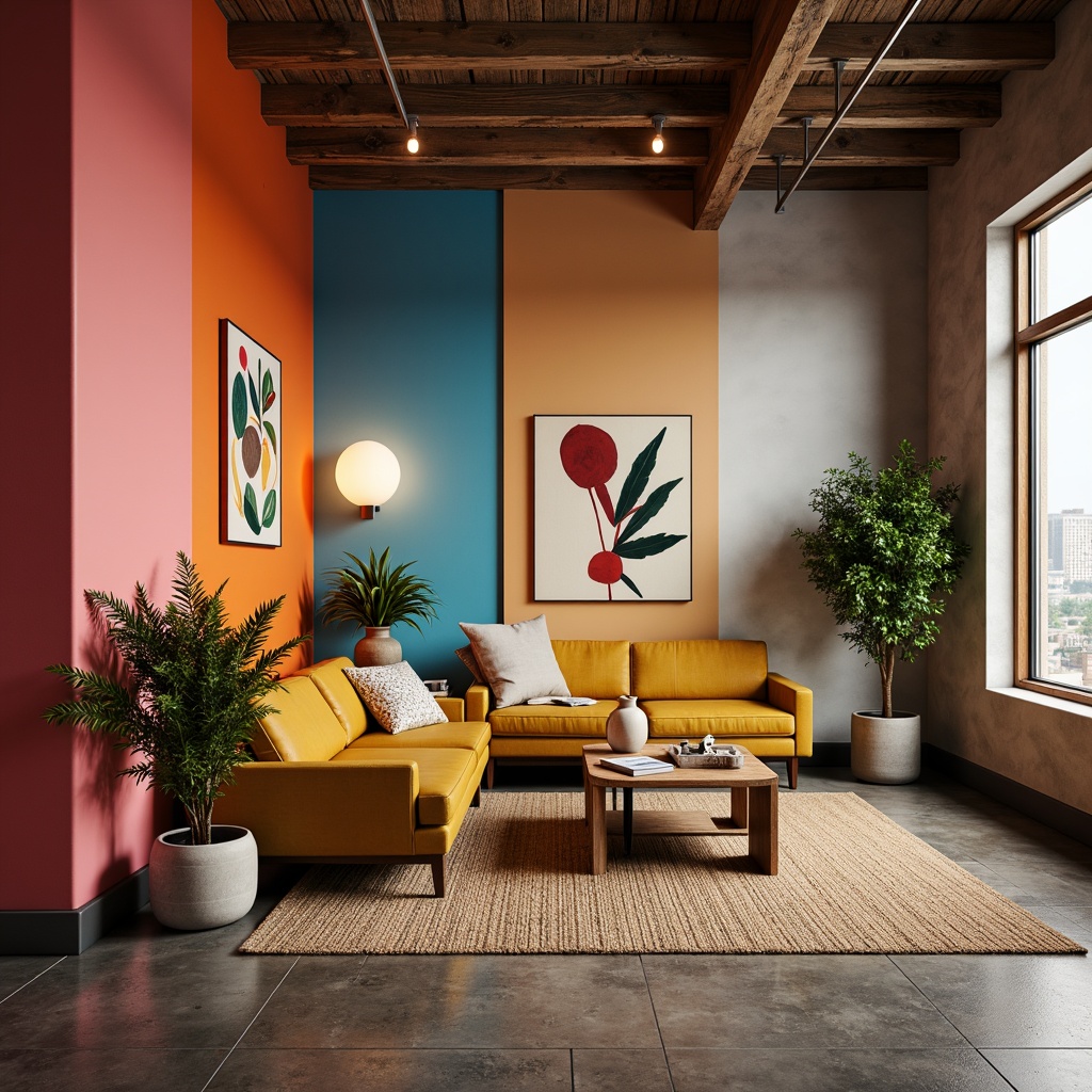 Prompt: Vibrant modern interior, eclectic furniture, bold accent walls, pastel shades, metallic finishes, natural wood textures, sleek lines, industrial chic decor, urban loft atmosphere, soft warm lighting, shallow depth of field, 3/4 composition, realistic renderings, ambient occlusion.