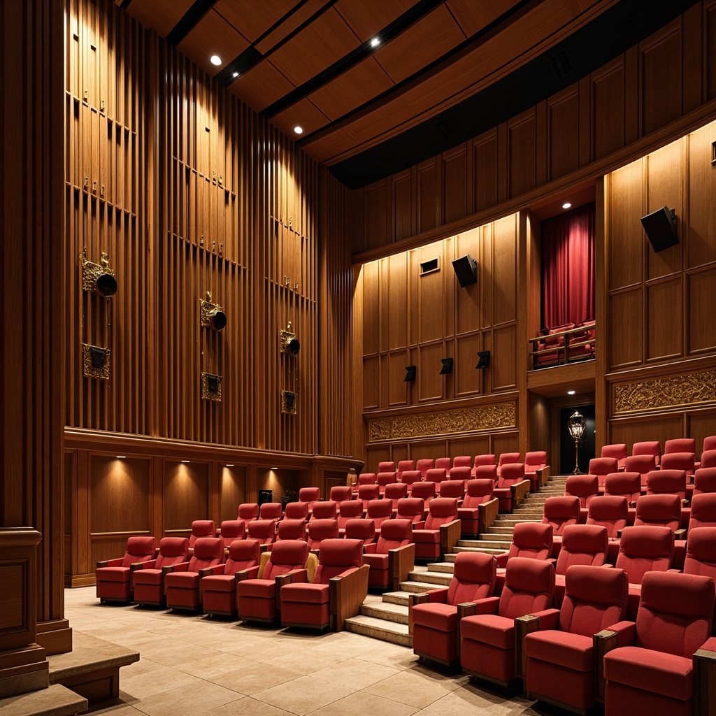 Prompt: Luxurious auditorium interior, wooden paneling, sound-absorbing materials, acoustic diffusers, tiered seating, curved lines, warm ambient lighting, plush red velvet chairs, golden ornate details, high ceilings, professional audio equipment, suspended soundproofing panels, intricate architectural details, natural stone walls, modern minimalism, 1/2 composition, softbox lighting, realistic reflections.