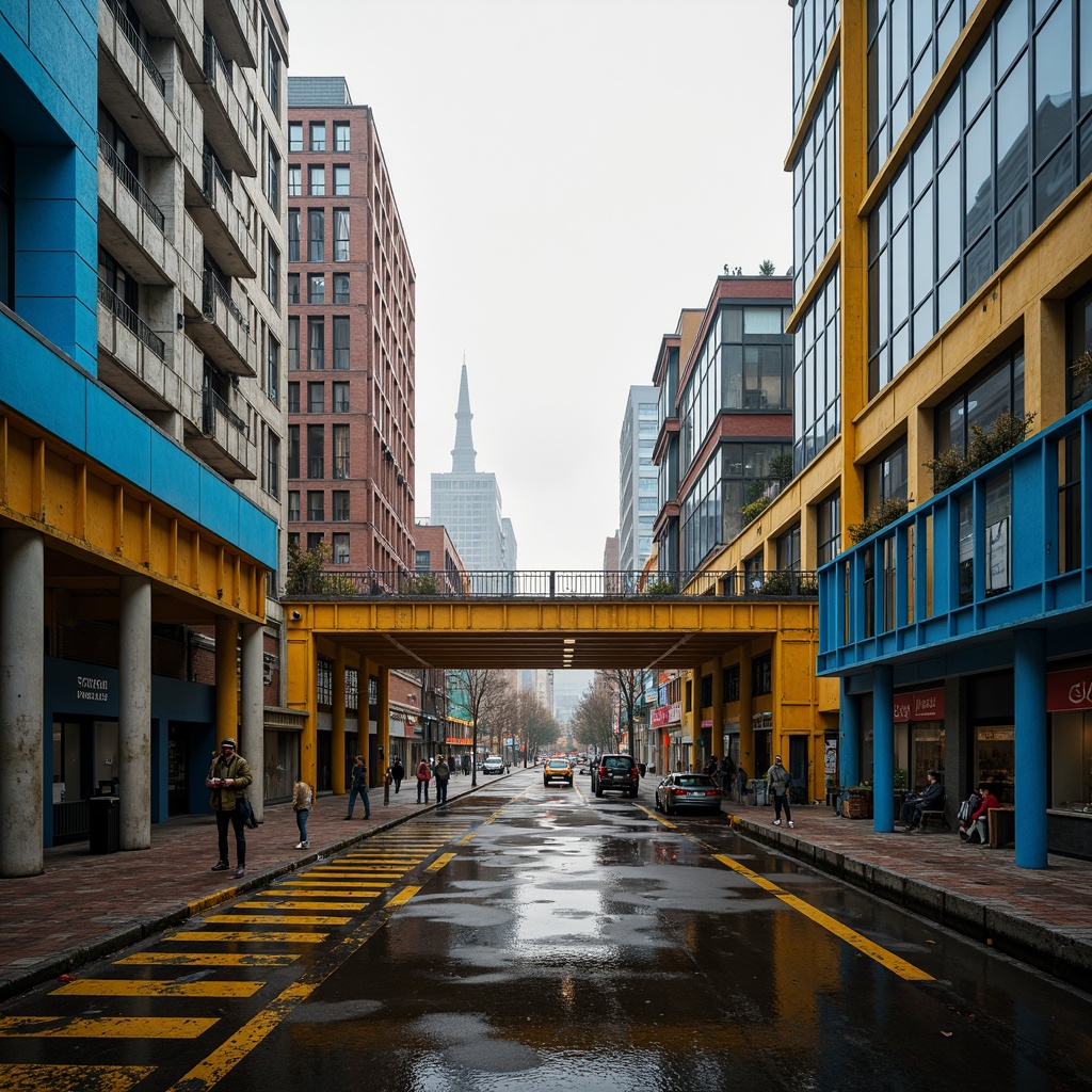 Prompt: Vibrant urban landscape, modern bridge architecture, sleek steel structures, bold primary colors, bright yellow accents, deep blue undersides, rust-resistant coatings, industrial textures, cityscape backgrounds, misty mornings, soft golden lighting, shallow depth of field, 1/2 composition, realistic reflections, ambient occlusion.