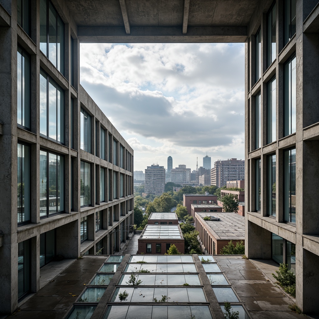 Prompt: Industrial constructivist building, exposed metal beams, concrete columns, minimalist aesthetic, abundant natural light, floor-to-ceiling windows, clerestory windows, skylights, transparent glass roofs, reflective surfaces, brutalist textures, urban cityscape, cloudy sky, soft diffused lighting, 1/1 composition, high-angle shot, dramatic shadows, realistic materials, ambient occlusion.