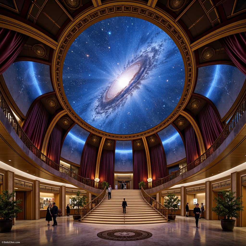 Prompt: Celestial planetarium dome, ornate metallic frameworks, intricate geometric patterns, art deco motifs, luxurious velvet drapes, polished marble floors, grand staircases, lavish chandeliers, starry night sky projections, 3D astronomical visualizations, realistic planetary textures, ambient lighting effects, shallow depth of field, 1/1 composition, cinematic camera angles, atmospheric sound design, futuristic space exploration themes.