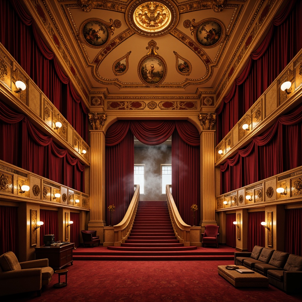 Prompt: Grandiose cinema palace, opulent velvet curtains, rich gold accents, ornate plaster details, majestic staircase, crimson red carpeting, luxurious seating areas, intricate moldings, Baroque-inspired patterns, warm golden lighting, soft focus, cinematic smoke effects, 2.39