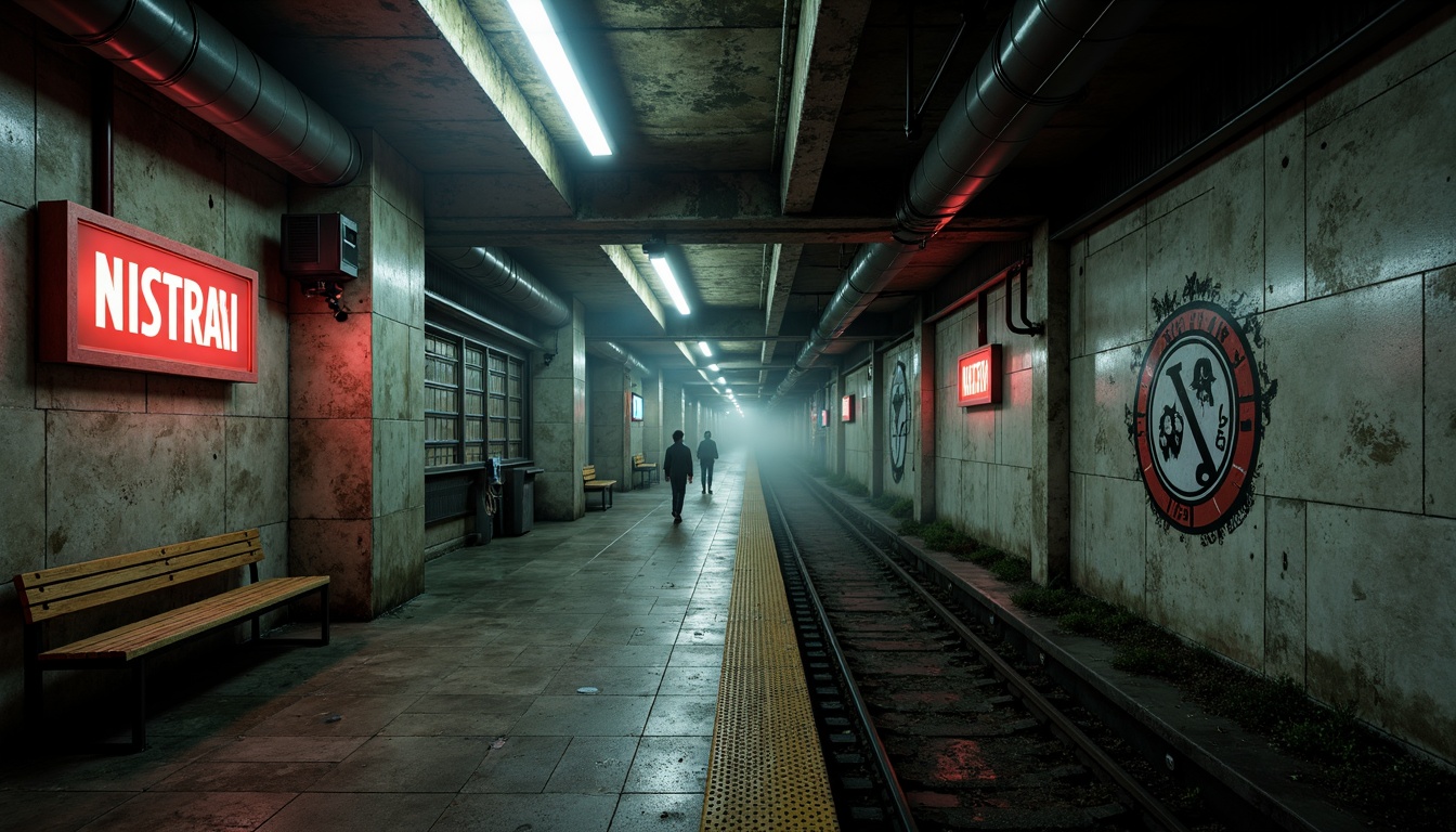 Prompt: \Gritty metro station, brutalist architecture, concrete structures, industrial pipes, metallic beams, rough stone walls, dimly lit platforms, eerie shadows, cold neon lighting, urban decay, peeling paint, rusted metal accents, worn-out signage, aged wooden benches, distressed textures, high-contrast color palette, bold typography, urban grittiness, atmospheric mist, low-angle photography, dramatic composition.\