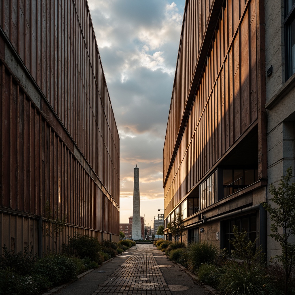 Prompt: Rustic industrial architecture, corrugated iron cladding, weathered metallic texture, rugged bolted seams, distressed finishes, urban cityscape, abandoned factory backdrop, dramatic cloudy sky, warm golden lighting, shallow depth of field, 2/3 composition, gritty realistic textures, ambient occlusion.