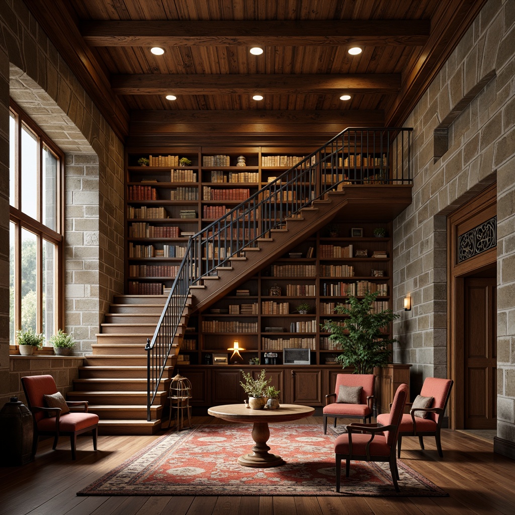 Prompt: Rustic stone walls, polished wooden floors, ornate metal railings, grand staircase, vaulted ceilings, intricate moldings, rich velvet upholstery, luxurious leather bindings, vintage bookshelves, warm golden lighting, soft diffused shadows, 1/2 composition, symmetrical framing, high-contrast textures, ambient occlusion, atmospheric misting.