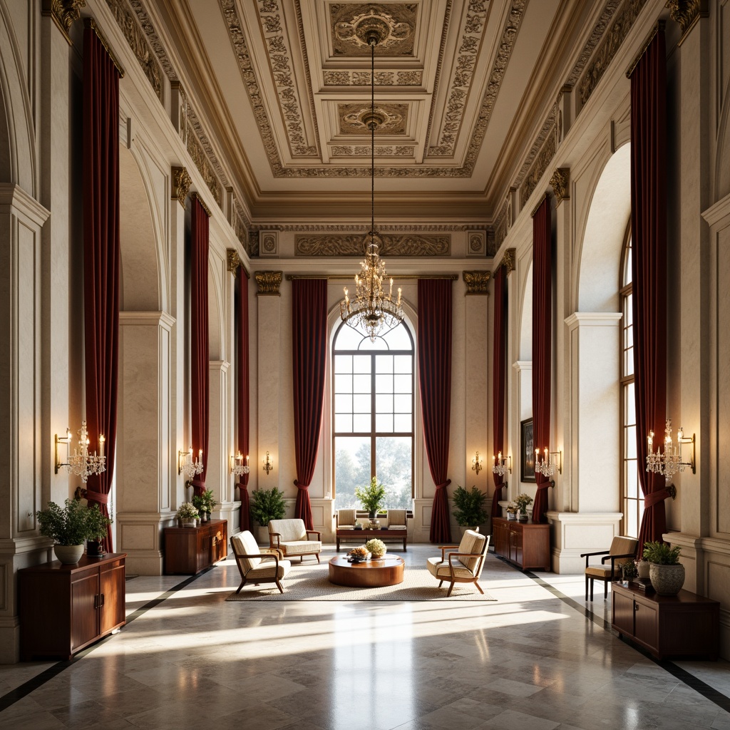 Prompt: Grandiose open space, high ceilings, ornate moldings, classical columns, elegant archways, refined stucco walls, polished marble floors, crystal chandeliers, lavish velvet drapes, antique furniture pieces, vintage decorative accents, soft warm lighting, shallow depth of field, 1/1 composition, panoramic view, realistic textures, ambient occlusion.