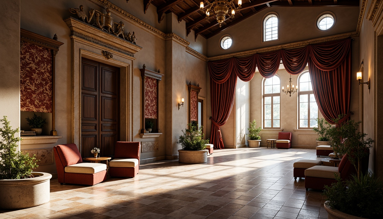 Prompt: Renaissance-style building, ornate stone carvings, rustic wooden doors, aged bronze fixtures, intricate marble patterns, lavish velvet fabrics, rich tapestries, ornamental gilding, grandeur chandeliers, high ceilings, arched windows, natural light pouring in, warm earthy tones, soft diffused lighting, 1/1 composition, atmospheric perspective, realistic textures, ambient occlusion.