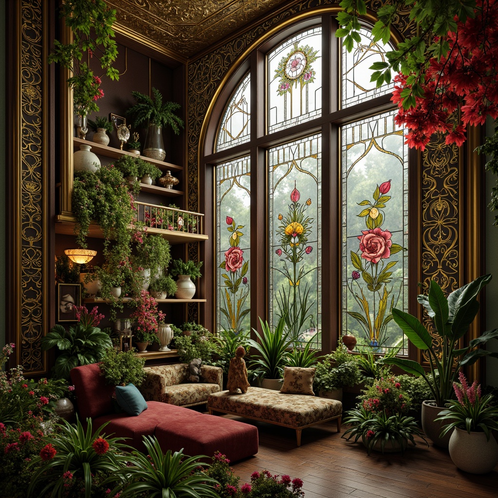 Prompt: Intricate botanical ornaments, flowing organic lines, whimsical florals, sinuous tendrils, ornate metalwork, gilded accents, stained glass windows, iridescent colors, beveled edges, curved silhouettes, luxurious textiles, velvet drapes, tassel details, peacock-inspired motifs, Art Nouveau typography, filigree patterns, natural forms, romantic ambiance, soft warm lighting, shallow depth of field, 3/4 composition, realistic textures, ambient occlusion.