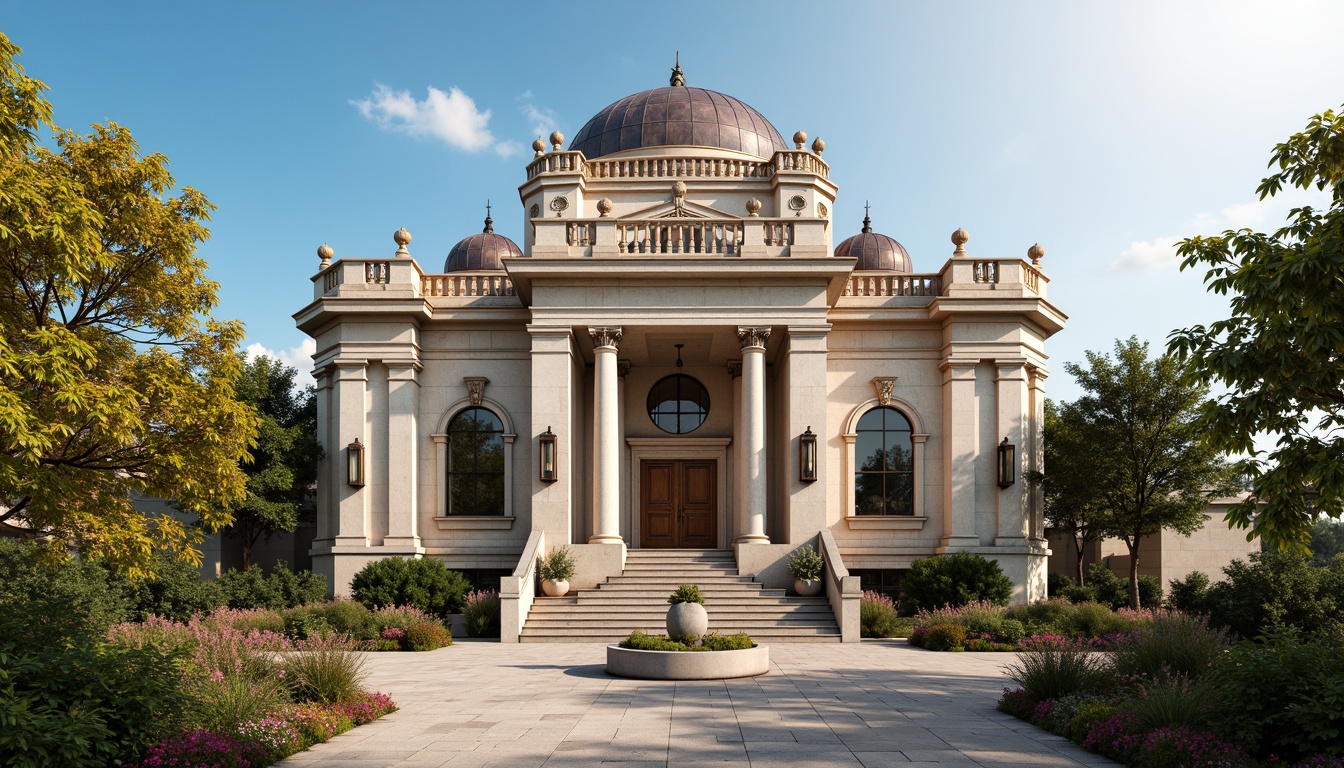 Prompt: Ornate energy plant facade, neoclassical architecture, grandiose entrance, Doric columns, ornamental stonework, symmetrical composition, rusticated base, arched windows, rounded domes, copper roofing, bronze door handles, lantern-inspired lighting fixtures, lush greenery, blooming flowers, sunny day, soft warm lighting, shallow depth of field, 3/4 composition, panoramic view, realistic textures, ambient occlusion.