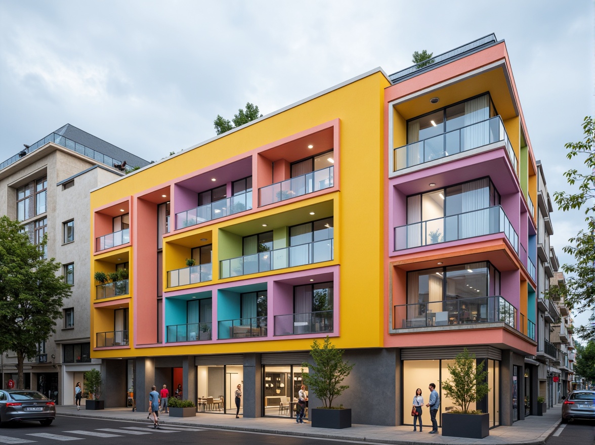 Prompt: Vibrant modern architecture, bold color scheme, contrasting hues, neutral background, accent walls, pastel shades, metallic finishes, glass facades, sleek lines, minimalist decor, urban cityscape, cloudy sky, soft natural lighting, 2/3 composition, shallow depth of field, realistic textures, ambient occlusion.