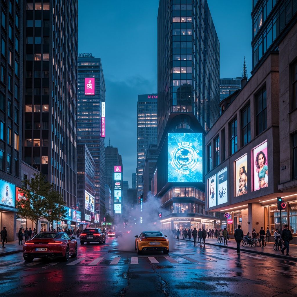 Prompt: Neon-lit cityscape, sleek skyscrapers, holographic advertisements, levitating cars, robotic pedestrians, virtual reality interfaces, cyberpunk aesthetics, metallic surfaces, LED lights, futuristic fonts, 3D projections, atmospheric mist, shallow depth of field, low-angle shot, cinematic composition, vibrant neon colors, high-tech gadgetry, augmented reality displays.