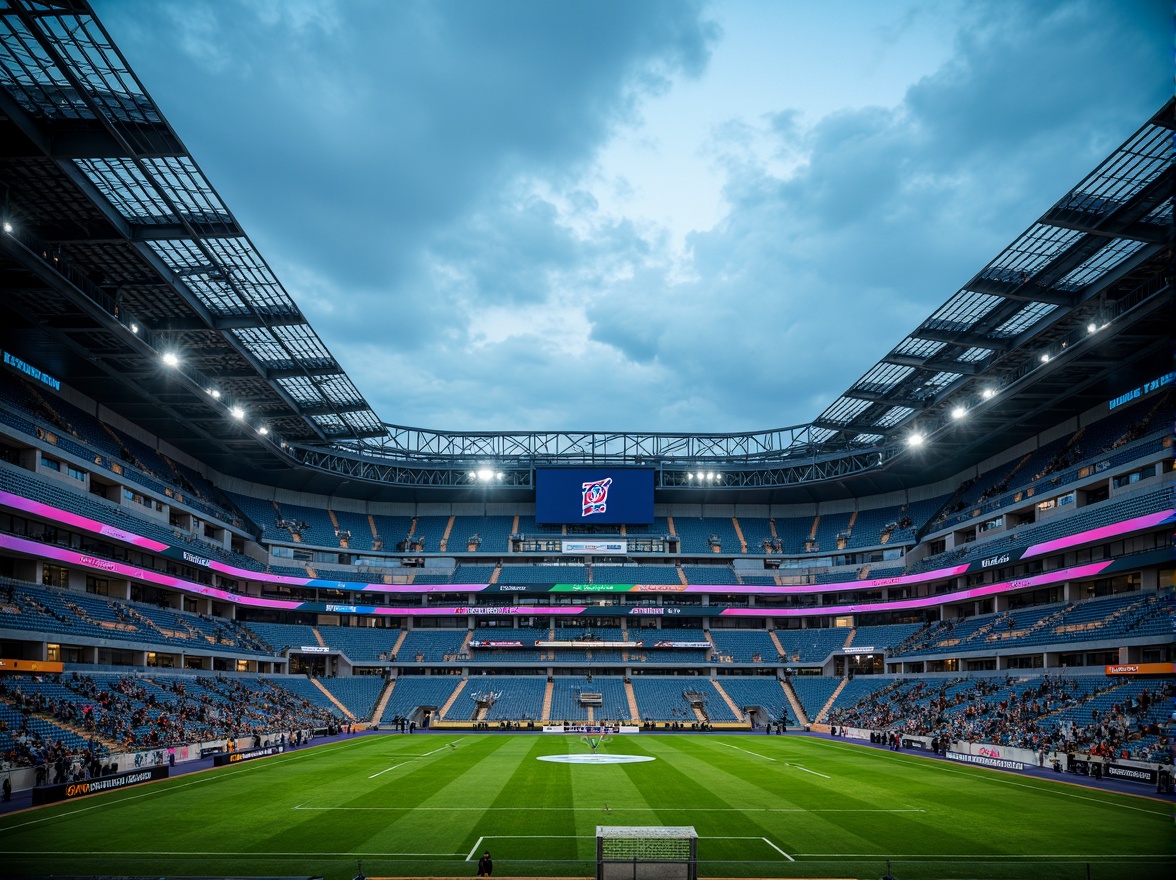 Prompt: Vibrant stadium interior, bold concrete structures, sleek metal railings, lush green turf, dynamic LED lighting, futuristic scoreboard displays, angular seating arrangements, geometric patterned flooring, textured stone walls, modernist architecture, grandstand seating, open-air concourses, urban cityscape views, cloudy blue skies, dramatic shadowing, high-contrast color scheme, 1/2 composition, shallow depth of field, realistic reflections.