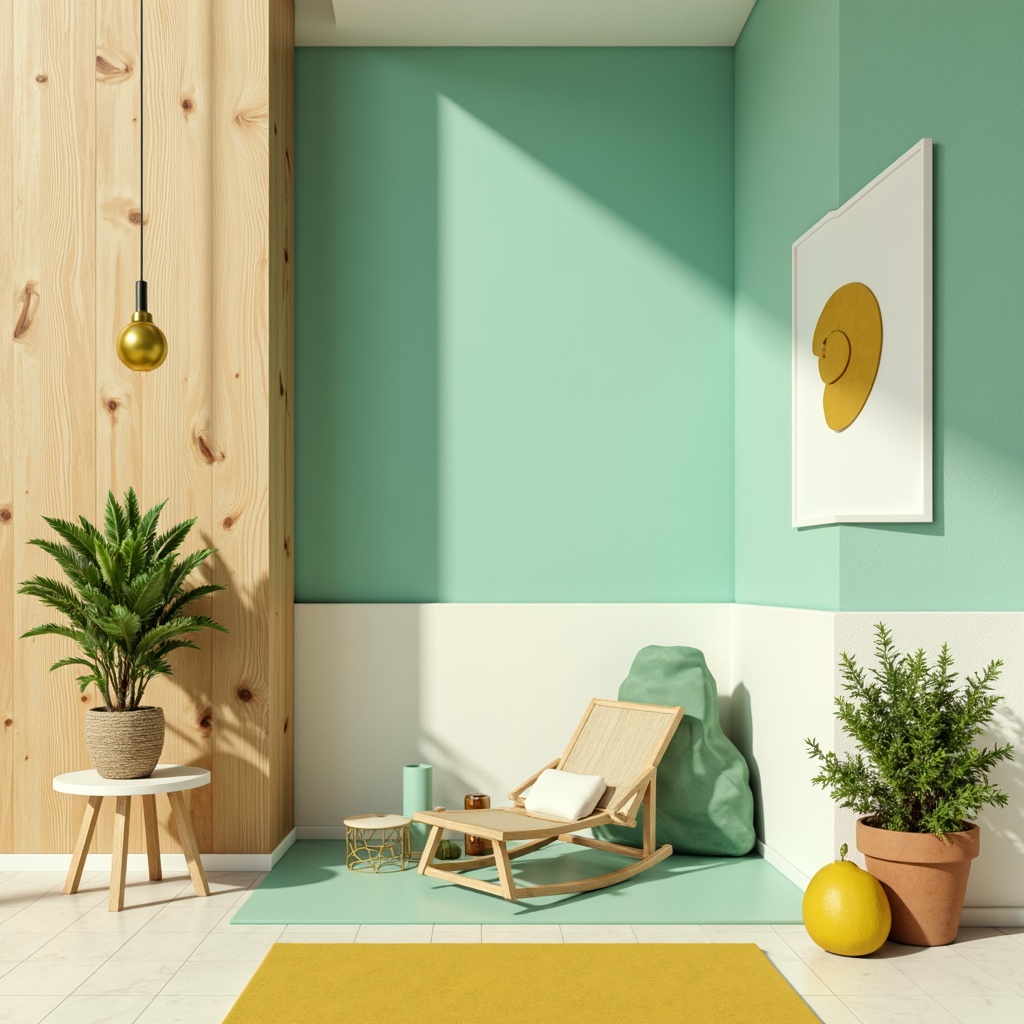 Prompt: Vibrant lime accents, soft mint undertones, warm beige backgrounds, rich turquoise highlights, creamy white textures, natural wood grain patterns, earthy terracotta tones, calming pale yellow shades, subtle sage nuances, modern minimalist aesthetic, bold geometric shapes, shallow depth of field, 1/1 composition, realistic rendering, ambient occlusion.