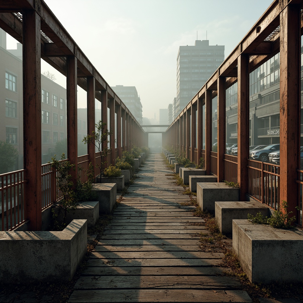 Prompt: Rustic steel bridges, industrial-era aesthetic, worn wooden planks, distressed metal textures, muted earth tones, weathered stone foundations, misty atmospheric lighting, soft warm colors, natural materials, subtle color gradations, gentle curves, structural simplicity, functional design, urban cityscape, morning fog, low-key shadows, 2/3 composition, cinematic mood, realistic reflections.