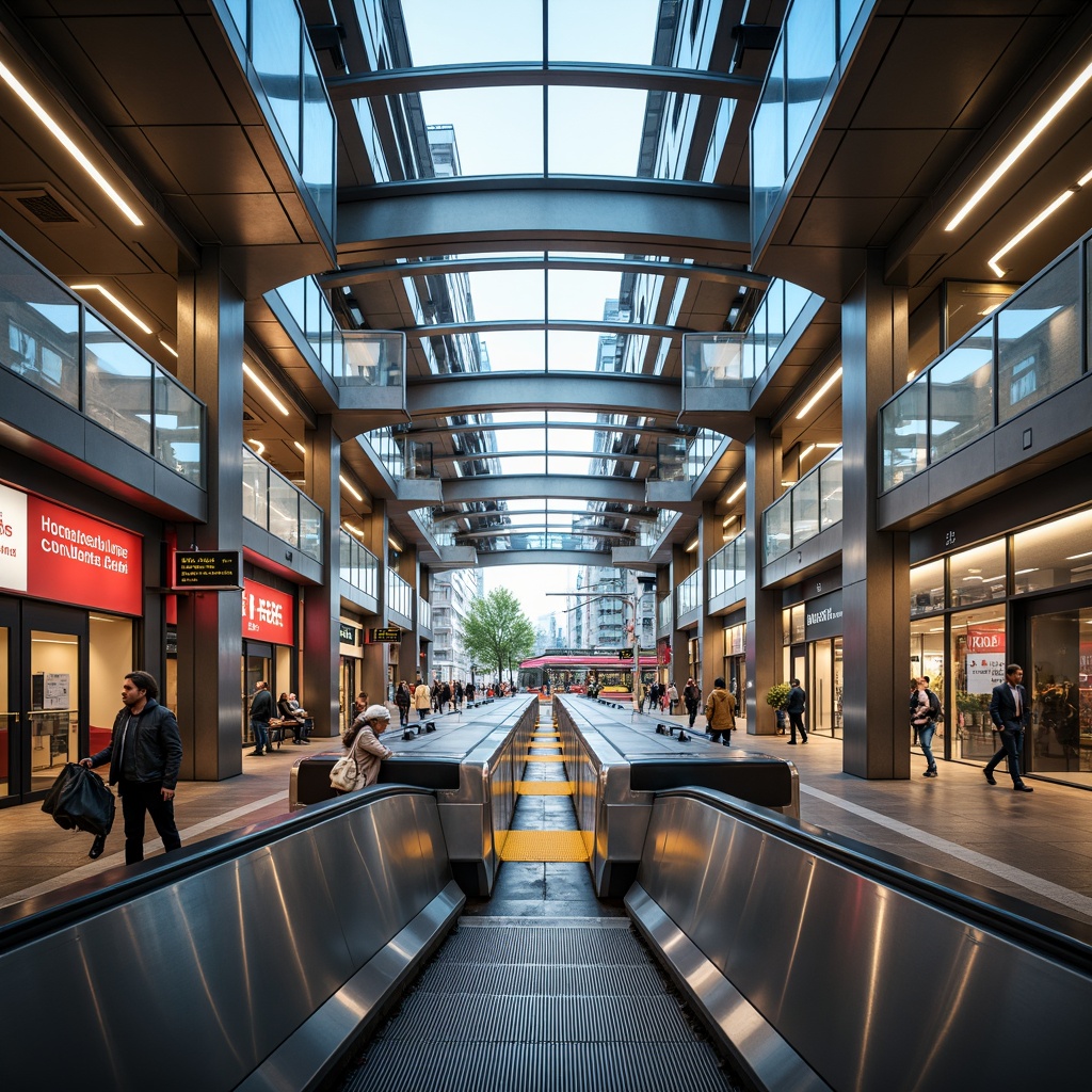 Prompt: Vibrant transportation hub, polished metal accents, glass roofs, industrial-chic concrete floors, modern LED lighting, sleek trains, futuristic buses, dynamic escalators, stainless steel handrails, minimalist signage, urban cityscape, busy streets, morning rush hour, warm natural light, shallow depth of field, 2/3 composition, symmetrical framing, realistic reflections, ambient occlusion.