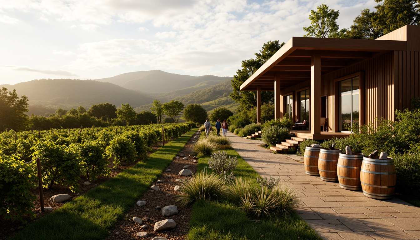 Prompt: Vineyard landscape, rolling hills, lush greenery, wine barrels, rustic wooden accents, stone pathways, modern winery architecture, floor-to-ceiling windows, natural light, warm earthy tones, organic textures, soft focus, shallow depth of field, 1/1 composition, serene atmosphere, misty mornings, golden hour lighting, realistic foliage, ambient occlusion.