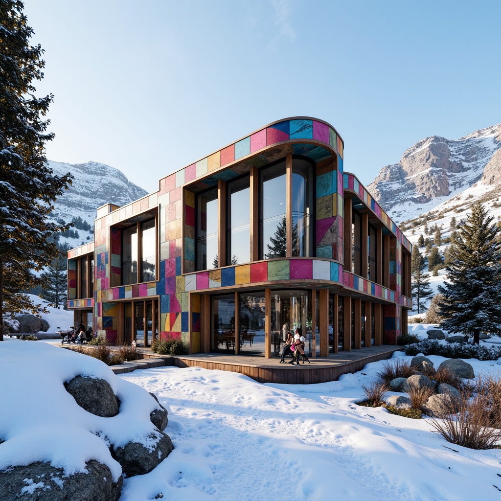 Prompt: Vibrant ski center, eclectic facade design, contrasting textures, wooden accents, metal cladding, glass inserts, irregular shapes, bold color schemes, playful patterns, whimsical details, snow-capped mountains, evergreen trees, frosty winter morning, soft warm lighting, shallow depth of field, 1/2 composition, dynamic angles, realistic reflections, ambient occlusion.Let me know if this meets your requirements!