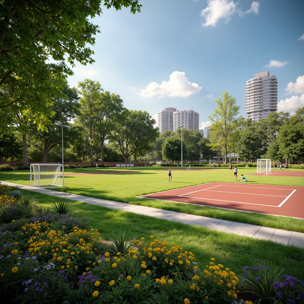 Prompt: Vibrant sports fields, lush green grass, athletic tracks, soccer goals, basketball courts, tennis nets, baseball diamonds, vibrant flower beds, shrub borders, ornamental trees, meandering walkways, modern outdoor lighting, warm sunny days, shallow depth of field, 3/4 composition, panoramic view, realistic textures, ambient occlusion.