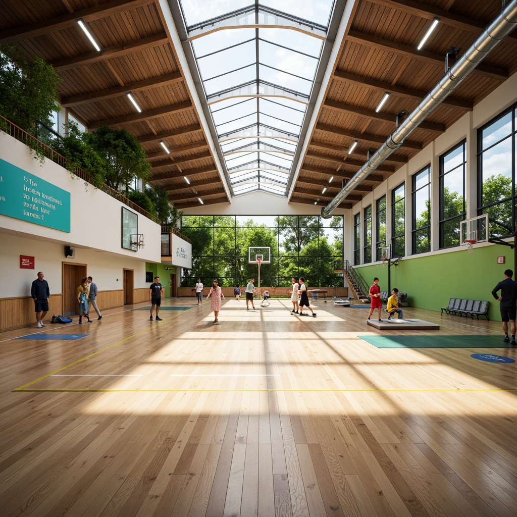 Prompt: Eco-friendly gymnasium, natural ventilation systems, green roofs, solar panels, rainwater harvesting, recycled materials, wooden flooring, minimalist design, open spaces, abundant natural light, clerestory windows, exposed ductwork, modern LED lighting, vibrant color schemes, motivational quotes, athletic equipment, basketball courts, running tracks, exercise stations, soft padded flooring, acoustic panels, sound-absorbing materials, panoramic views, shallow depth of field, 3/4 composition, realistic textures, ambient occlusion.