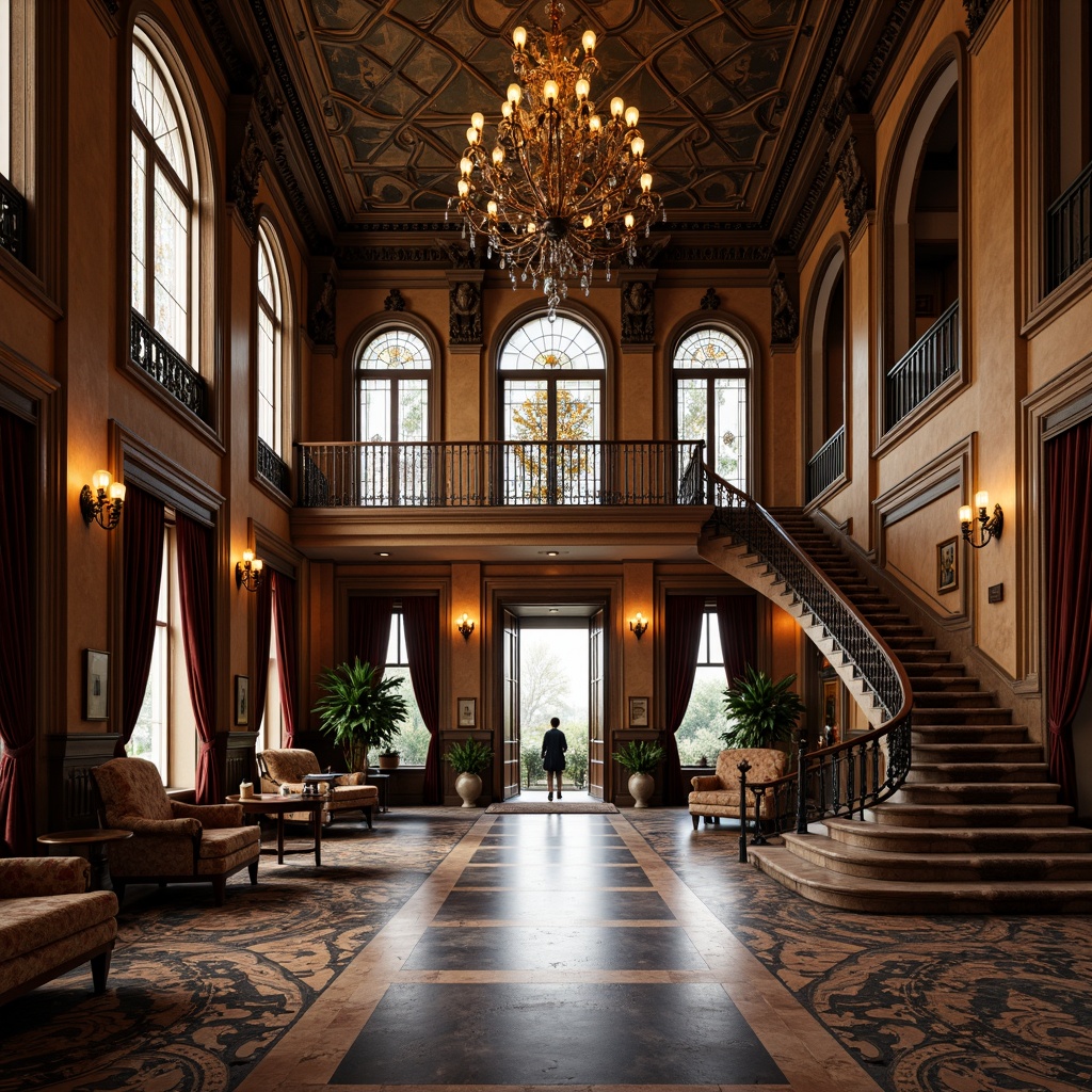 Prompt: Grandiose mansion, ornate facades, intricately carved wooden doors, stained glass windows, majestic entrance halls, sweeping staircases, lavish chandeliers, rich velvet drapes, antique furnishings, opulent marble floors, intricate moldings, soft warm lighting, 1/2 composition, intimate atmosphere, realistic textures, ambient occlusion.