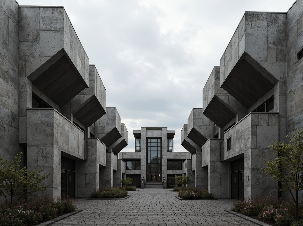 Prompt: Fortified concrete buildings, rugged textures, raw unfinished surfaces, monumental scale, fortress-like structures, angular geometries, dramatic cantilevers, exposed ductwork, industrial materials, steel beams, poured-in-place concrete, brutalist sculptures, urban landscapes, overcast skies, high-contrast lighting, strong shadows, 1/1 composition, symmetrical framing, atmospheric perspective, gritty realistic textures.