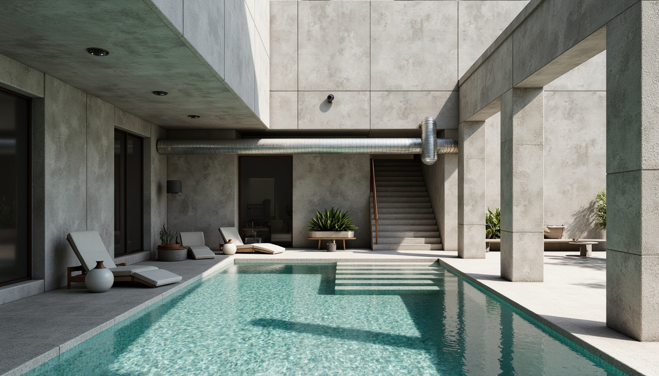 Prompt: Rough-hewn concrete walls, brutalist architecture, industrial-style pool deck, textured aggregate flooring, exposed ductwork, metallic railings, minimalist lighting, stark shadows, geometric-shaped pools, turquoise water, rippling wave patterns, sunlight reflections, shallow depth of field, 1/1 composition, realistic materials, ambient occlusion.