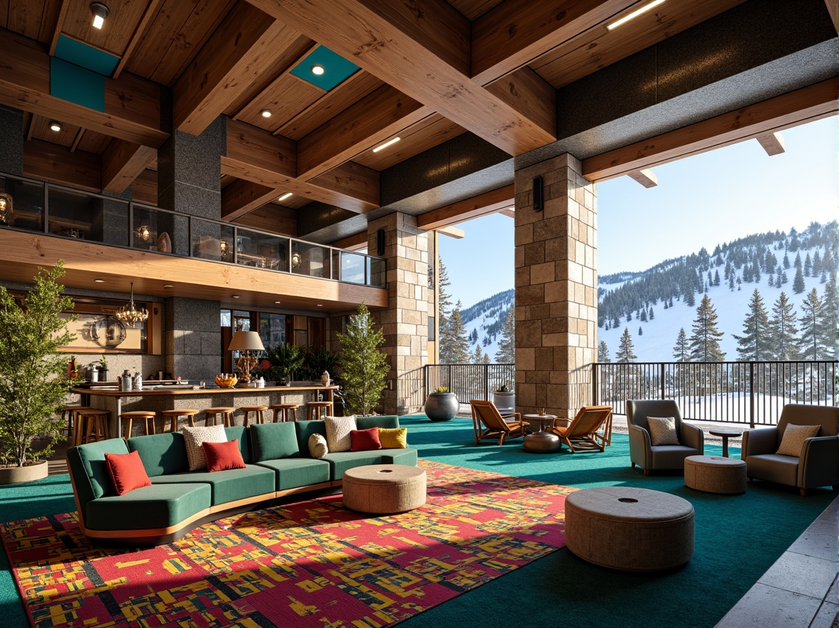 Prompt: Vibrant ski resort, eclectic color scheme, bold geometric patterns, bright turquoise accents, warm wooden textures, rich velvet fabrics, ornate metal fixtures, intricate stonework, grandiose chandeliers, luxurious amenities, snow-capped mountains, frosty winter air, soft powdery snow, morning sunlight, warm golden lighting, shallow depth of field, 1/2 composition, realistic renderings, ambient occlusion.