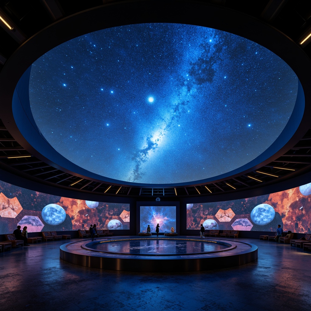 Prompt: Cosmic planetarium, starry night sky, celestial bodies, astronomical projections, spherical dome screen, surround sound system, comfortable seating, ambient LED lighting, fiber optic stars, twinkling lights, dark blue atmosphere, galaxy-inspired patterns, nebulae textures, soft glow effects, warm color tones, 3D visualization, real-time rendering, high-resolution displays, immersive experience, interactive exhibits, educational content, futuristic architecture, curved lines, metallic materials, sleek minimalism, space exploration themes, moon phase displays, planetary orbits, astronomical clocks.