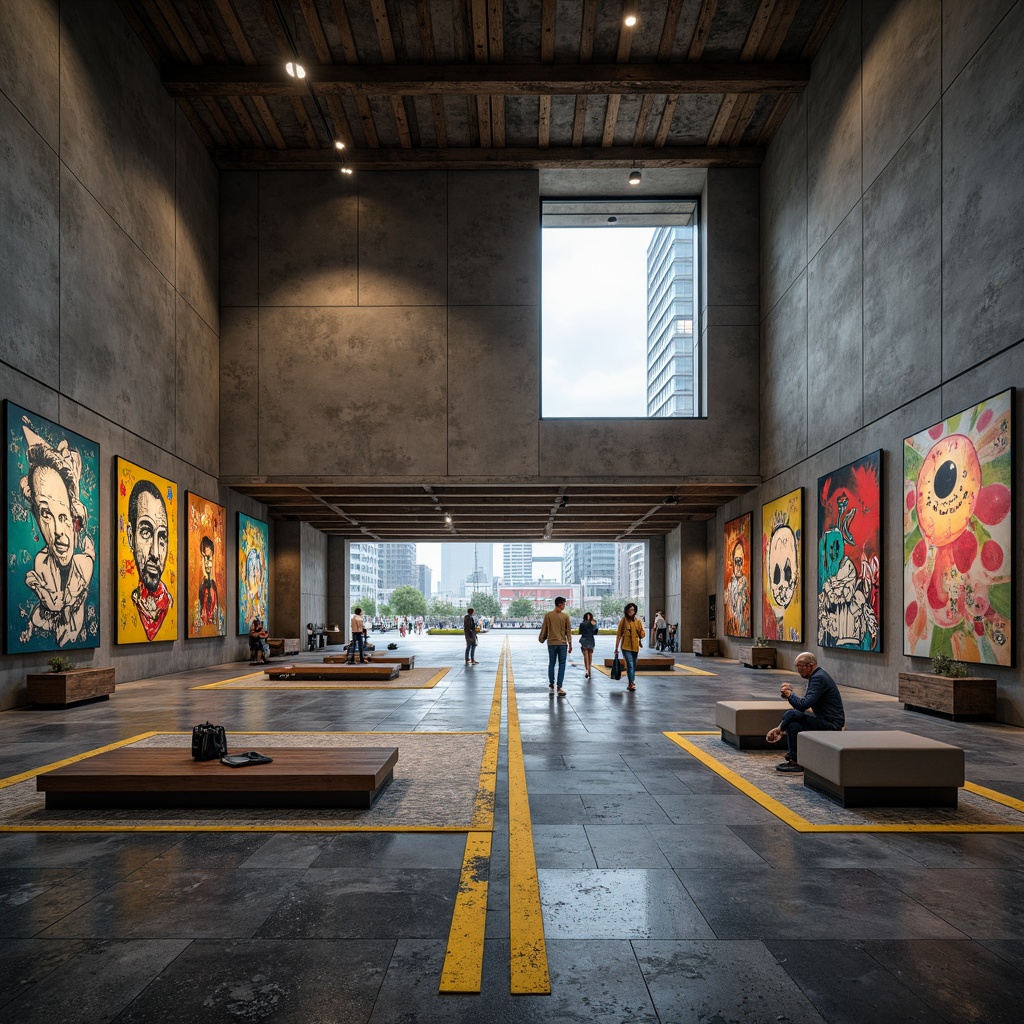 Prompt: Exposed concrete walls, rugged stone floors, brutalist architecture, dramatic natural light, industrial metal beams, raw wooden accents, abstract art installations, vibrant graffiti murals, urban cityscape views, overcast skies, soft diffused lighting, high contrast shadows, 1/2 composition, cinematic framing, atmospheric perspective, intricate textures, realistic weathering effects.