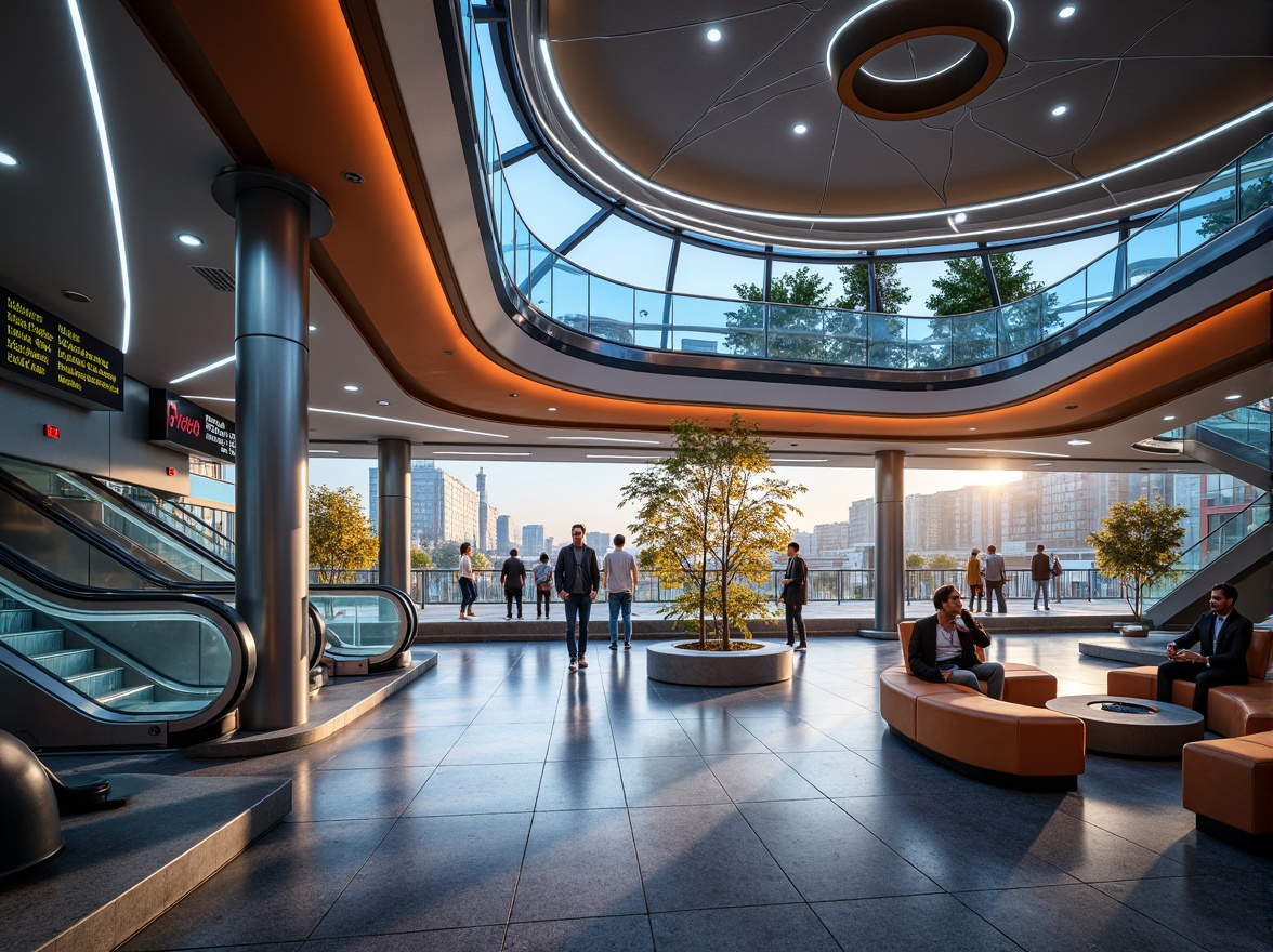 Prompt: Vibrant metro station interior, flowing curves, futuristic architecture, LED lighting strips, sleek glass railings, polished granite floors, stainless steel columns, modern signage systems, dynamic escalators, comfortable seating areas, urban cityscape views, morning rush hour atmosphere, warm soft lighting, shallow depth of field, 1/1 composition, realistic reflections, ambient occlusion.