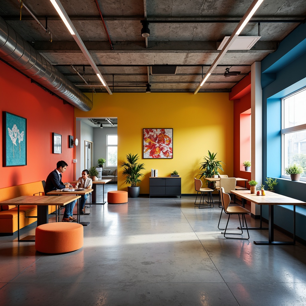 Prompt: Vibrant office interior, bold primary colors, geometric shapes, industrial materials, concrete walls, steel beams, minimalist decor, functional furniture, tubular metal chairs, sleek wooden desks, abstract artwork, modern lighting fixtures, suspended ceilings, open floor plans, collaborative workspaces, natural light pouring in, warm ambient glow, shallow depth of field, 1/1 composition, realistic textures, subtle color gradations.