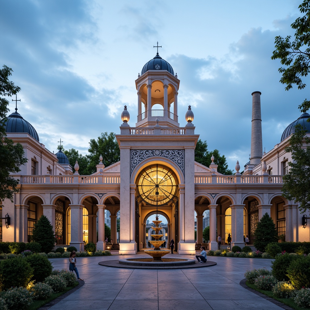 Prompt: Ornate industrial facilities, classicism-inspired architecture, rusticated stone walls, ornamental metalwork, grandiose entrance gates, majestic clock towers, symmetrical facades, limestone columns, vaulted ceilings, intricate mosaics, elegant fountains, manicured lawns, mature trees, cloudy blue sky, soft diffused lighting, 1/2 composition, realistic textures, ambient occlusion.