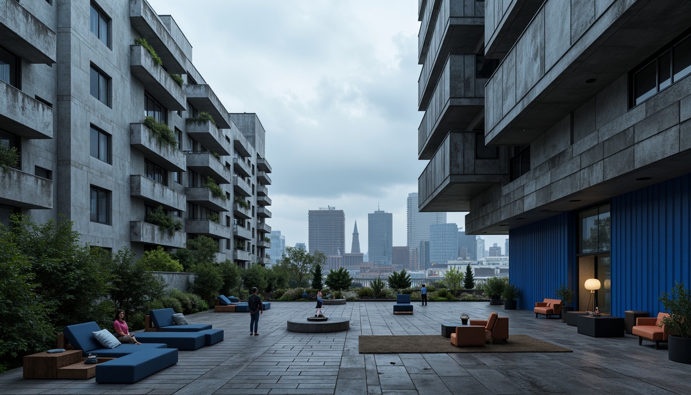 Prompt: Monolithic concrete structures, brutalist architecture, navy blue accents, raw industrial materials, exposed ductwork, rugged textures, geometric patterns, minimalist decor, functional furniture, urban cityscape, overcast sky, dramatic shadows, high-contrast lighting, cinematic atmosphere, bold color blocking, abstract compositions, gritty realistic render.