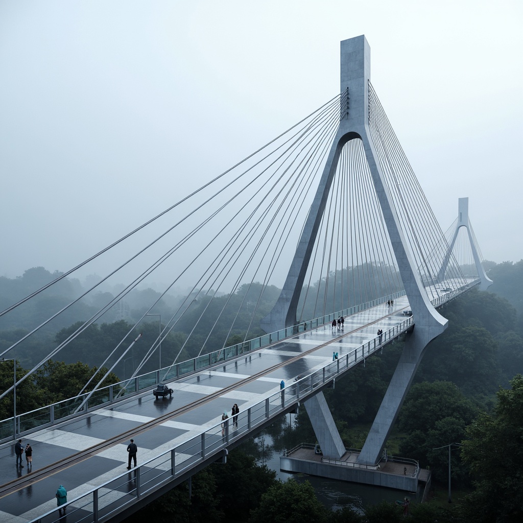 Prompt: Futuristic suspension bridge, sleek cable-stayed design, gleaming silver accents, iridescent LED lighting, translucent glass walkways, advanced composite materials, high-strength carbon fiber, durable steel reinforcements, weather-resistant coatings, aerodynamic shapes, wind tunnel testing, dynamic motion simulation, 3D printed components, parametric modeling, algorithmic optimization, misty morning atmosphere, soft diffused lighting, shallow depth of field, 2/3 composition, cinematic rendering, realistic reflections.