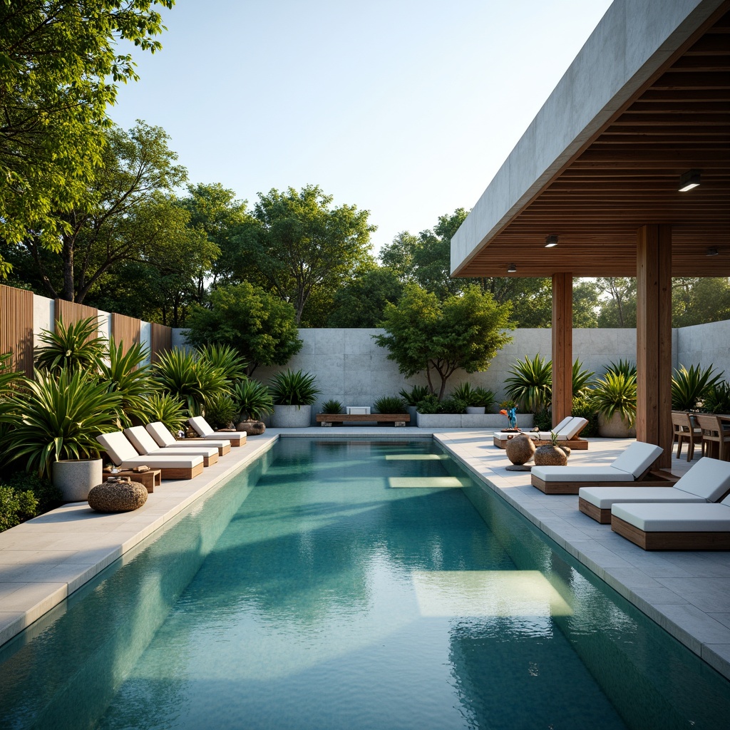 Prompt: Sleek minimalist pool, infinity edge design, crystal clear water, subtle LED lighting, surrounding lush greenery, tropical plants, natural stone deck, wooden accents, modern outdoor furniture, geometric patterns, neutral color palette, serene ambiance, warm sunny day, shallow depth of field, 1/1 composition, realistic textures, ambient occlusion.