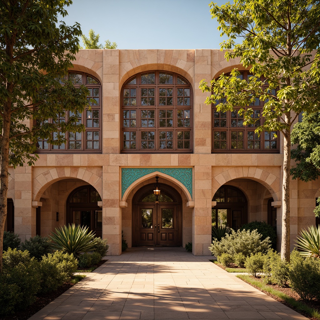 Prompt: Earth-toned mud-brick fa\u00e7ade, intricately patterned wooden screens, rustic stone walls, vibrant turquoise accents, ornate metalwork, Islamic-inspired arches, lush greenery, traditional Indian motifs, warm golden lighting, shallow depth of field, 3/4 composition, panoramic view, realistic textures, ambient occlusion.