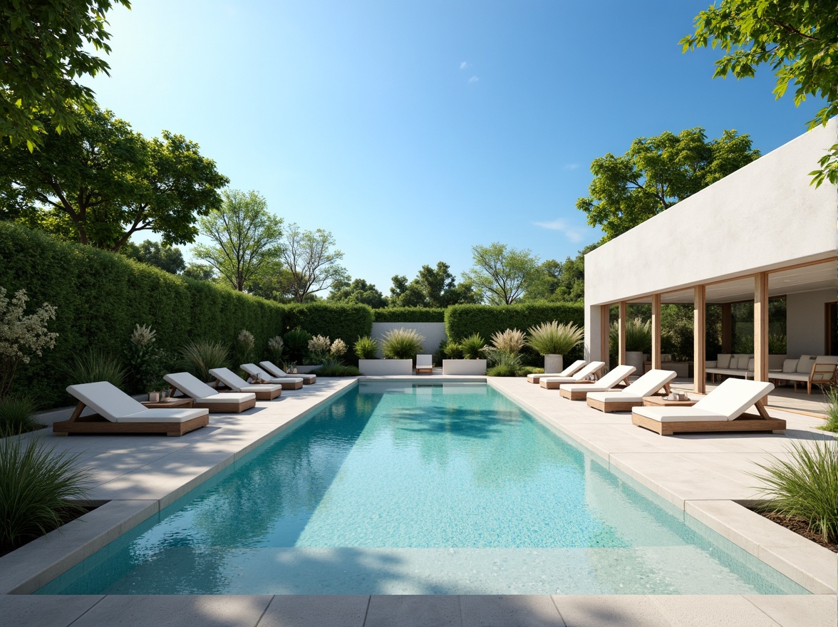 Prompt: Sleek minimalist pool, crystal clear water, infinity edge, surrounding lush greenery, tropical plants, warm sunny day, cloudless blue sky, spacious open deck, polished concrete floors, modern outdoor furniture, geometric shapes, subtle color palette, ambient soft lighting, shallow depth of field, 3/4 composition, panoramic view, realistic textures, ambient occlusion.