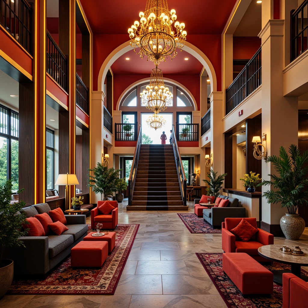 Prompt: Vibrant boutique hotel, luxurious lobby, bold color accents, metallic finishes, sophisticated chandeliers, plush furnishings, rich wood tones, lavish textiles, ornate mirrors, grand staircase, dramatic archways, opulent ambiance, warm golden lighting, shallow depth of field, 1/2 composition, soft focus effect, realistic reflections.