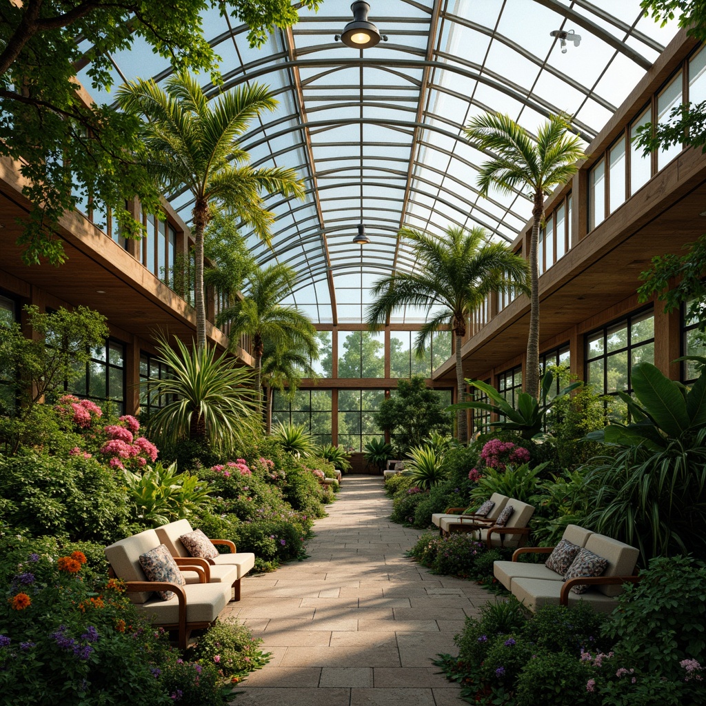 Prompt: Vibrant tropical greenhouse, lush green foliage, exotic flowers, curved glass roofs, steel beams, wooden accents, natural stone flooring, earthy tones, warm soft lighting, dappled shadows, misty atmosphere, 1/1 composition, shallow depth of field, realistic plant textures, ambient occlusion, expressionist brushstrokes, bold colorful patterns, whimsical decorative elements.