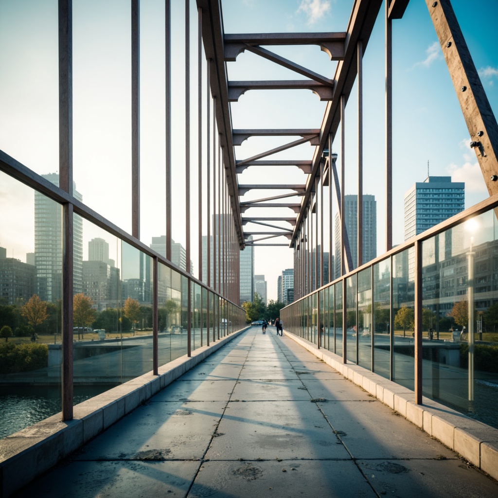 Prompt: Transparent glass railings, sleek steel beams, minimalist bridge design, modernist architecture, industrial materials, urban landscape, cityscape views, sunny day, soft warm lighting, shallow depth of field, 3/4 composition, panoramic view, realistic textures, ambient occlusion.