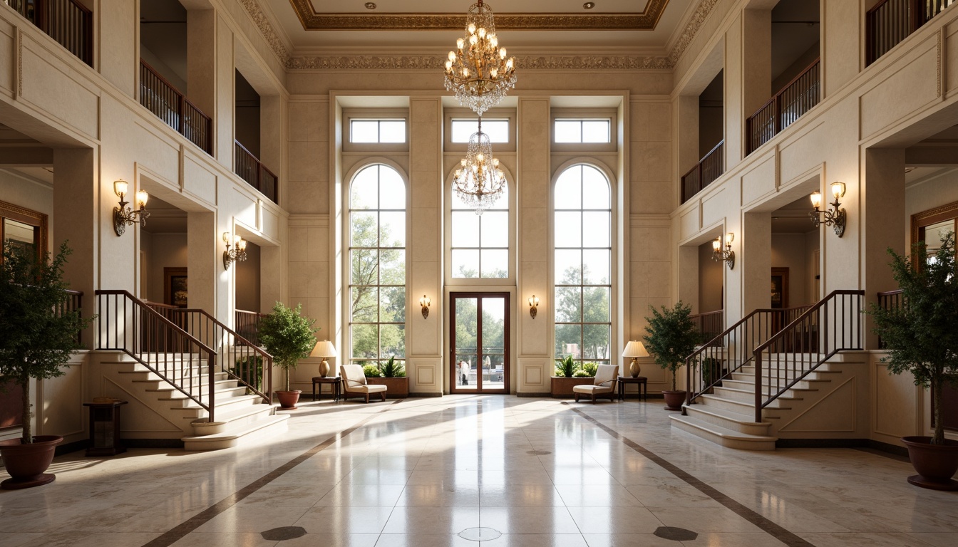 Prompt: Grandiose healthcare center, symmetrical facade, neoclassical architecture, ornate columns, grand entrance, sweeping staircases, polished marble floors, elegant chandeliers, stately foyers, natural stone walls, high ceilings, large windows, soft warm lighting, subtle shading, 1/1 composition, central axis symmetry, balanced proportions, harmonious color palette, luxurious furnishings, intricate moldings, ornate details, serene ambiance, peaceful atmosphere.