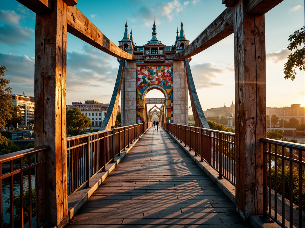 Prompt: Vibrant eclectic bridge, ornate metal railings, rustic stone pillars, wooden accents, curved arches, asymmetrical towers, suspended walkways, intricate latticework, colorful mosaic tiles, eclectic mix of materials, playful juxtaposition of styles, dynamic light play, dramatic shadows, warm sunset lighting, atmospheric misty effects, 1/1 composition, low-angle view, cinematic depth of field.