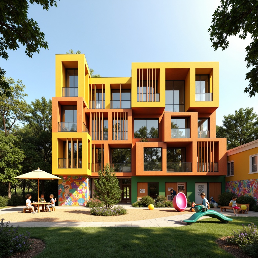 Prompt: Vibrant kindergarten building, structuralist architecture style, bright color scheme, irregular shapes, playful patterns, large windows, wooden accents, natural light, cozy atmosphere, children's artwork displays, educational murals, fun sculptures, outdoor playground equipment, climbing structures, swings, slides, sandbox areas, green roofs, living walls, eco-friendly materials, organic forms, whimsical details, shallow depth of field, 1/2 composition, warm soft lighting, realistic textures, ambient occlusion.